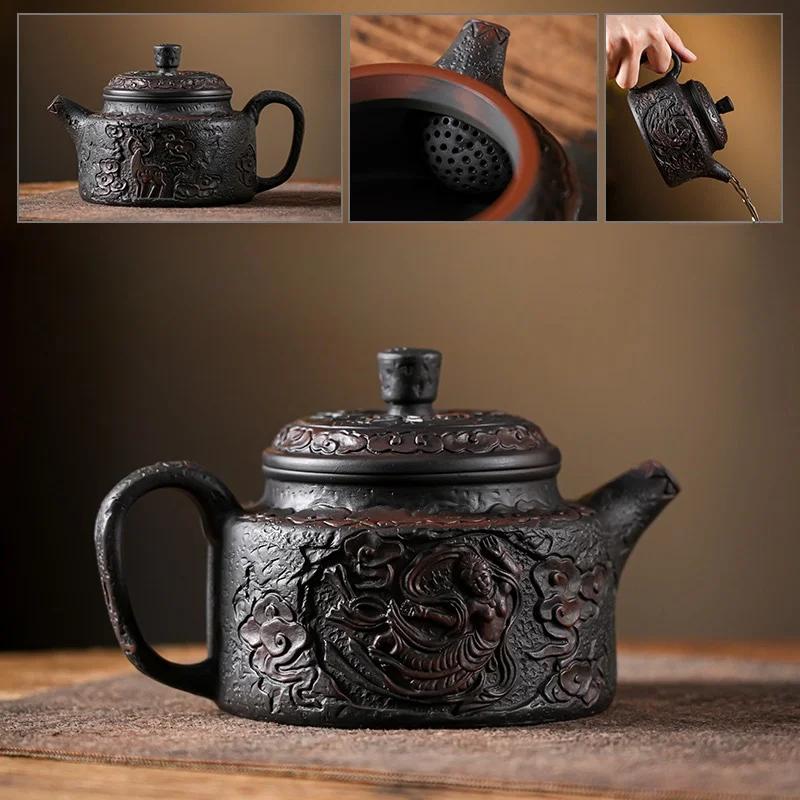200ML Purple Pottery Carving Teapot Hand drawn Antique Relief Teapot Home Kung Fu Teapot Tea Pot