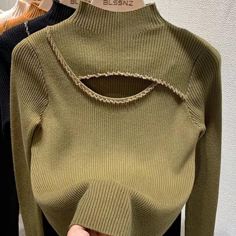 Autumn Half High Collar Hollow Out Pullovers Sweaters Women Slim Fit Winter Clothes Fashion Bottoming Sweater Tops Women Elegant Warm Knitwear 28874