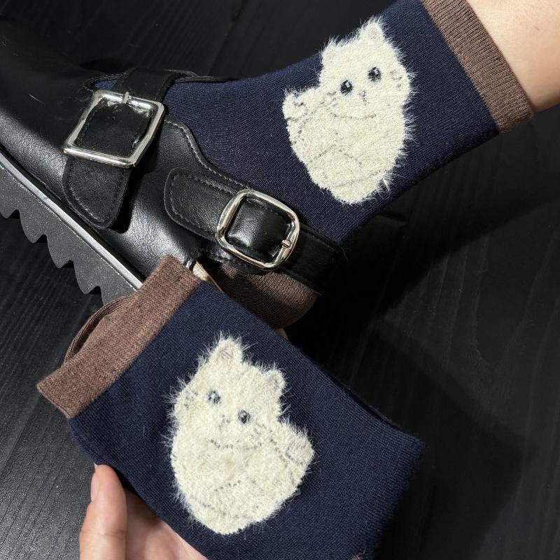 

Женские носки с изображением животных из мультфильмов, женские осенне-зимние теплые утолщенные ворсовые носки, подходящие по цвету, носки средней длины 1pairs темно-синий