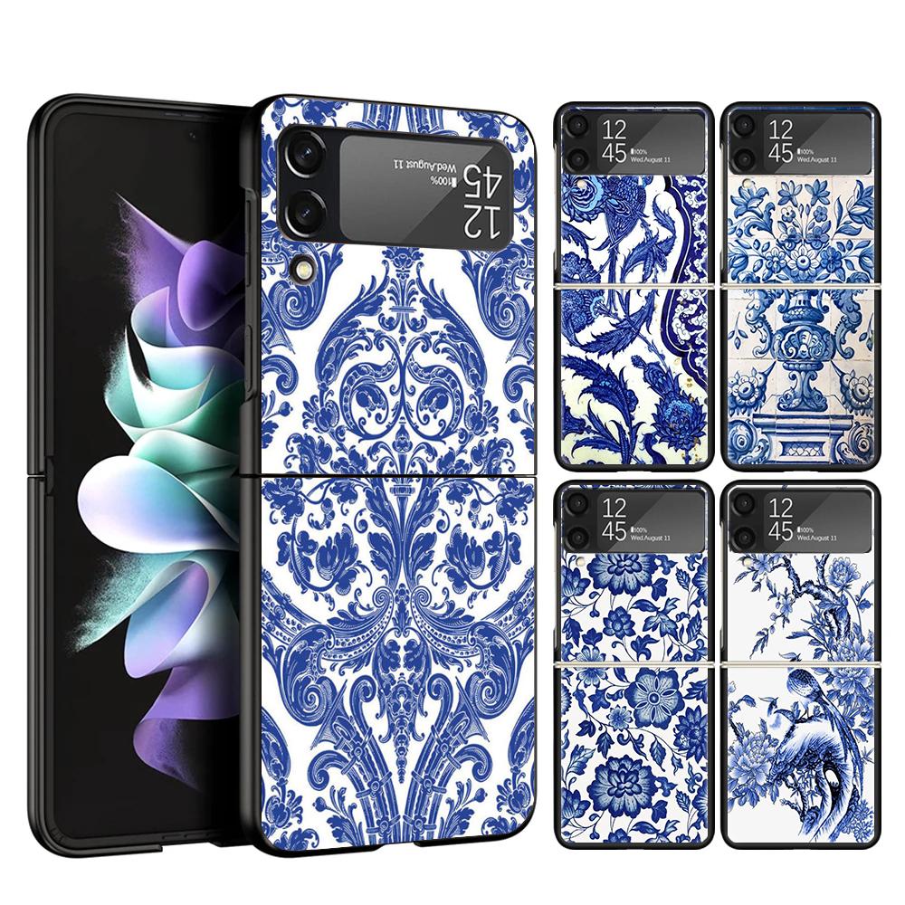 Blue And White Porcelain Case Phone Cover for Samsung Galaxy Z Flip 7 6 5 4 3 5G ZFlip7 ZFlip6 ZFlip5 ZFlip4 ZFlip3 Black Fundas
