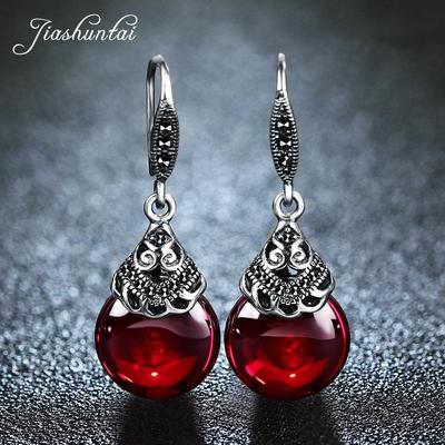 Retro 100% 925 Sterling Silver Round Garnet Drop Earrings for Women Natural Red Gemstone Ruby Fine Jewelry Best Gifts