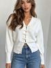 White V-Neck Button Cardigan - Women's Long Sleeve Knit Sweater, Loose Fit