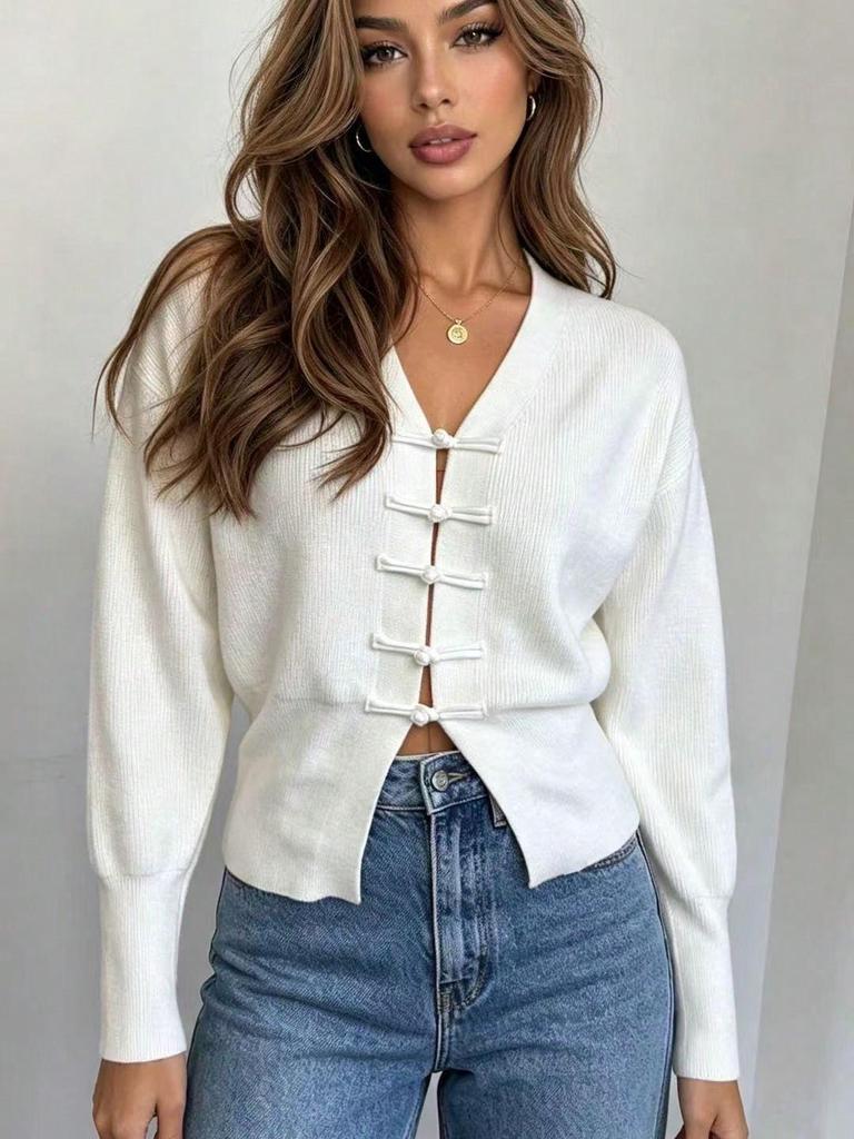 White V-Neck Button Cardigan - Women's Long Sleeve Knit Sweater, Loose Fit