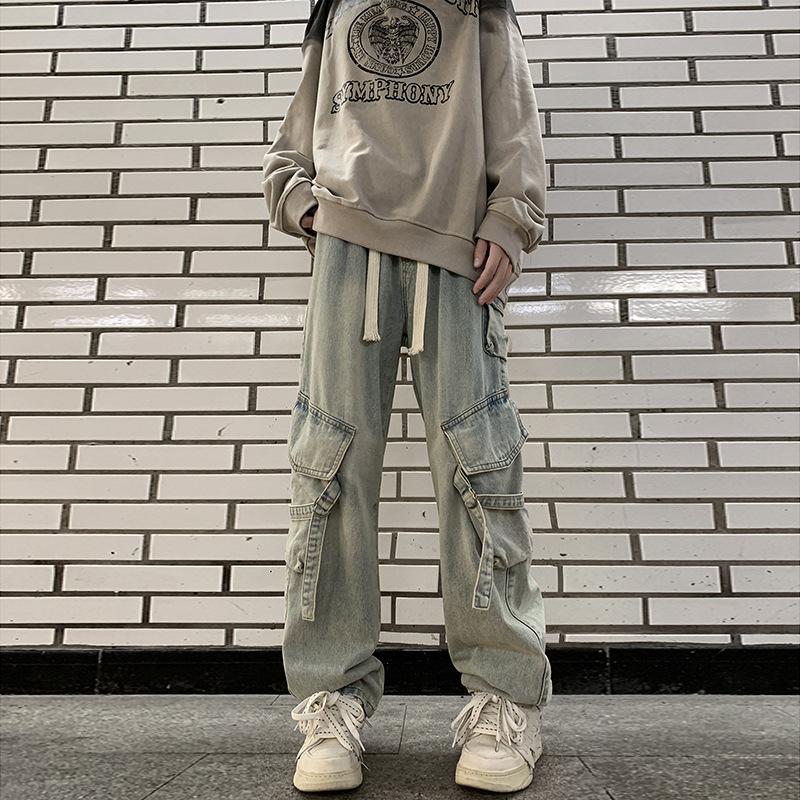 Autumn and Winter  Overalls Jeans Men and Women American Retro High Street Micro-la Washed Wide-leg Straight Pants