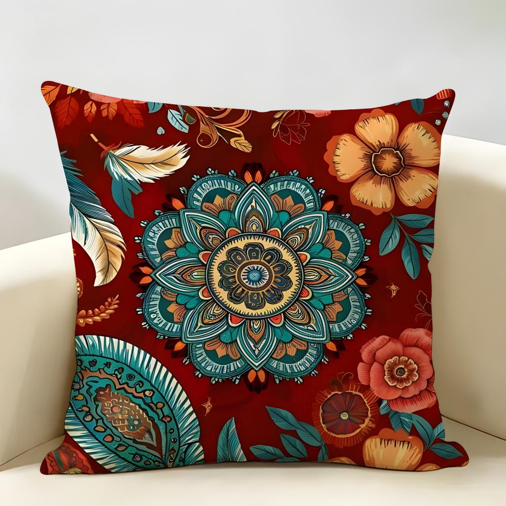 Red Bohemian Style Cushion Cover Natural Linen Organic Fabric Double-Sided Printing Breathable Perfect For Home Decor