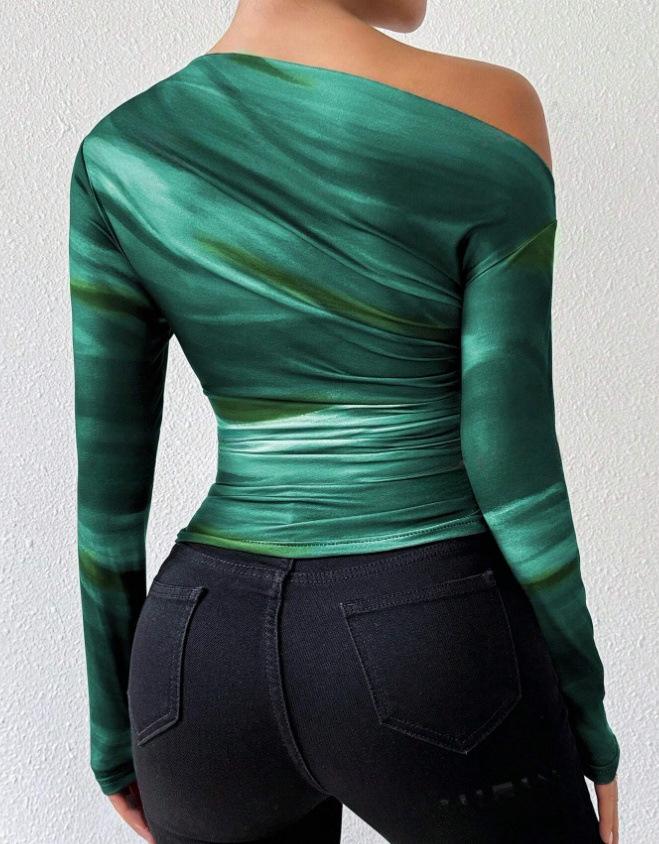 Tričko s dlouhým rukávem Dámské tričko s geometrickým vzorem Gradient Printing European a American off-rameno Stretch Mesh Tričko Sexy