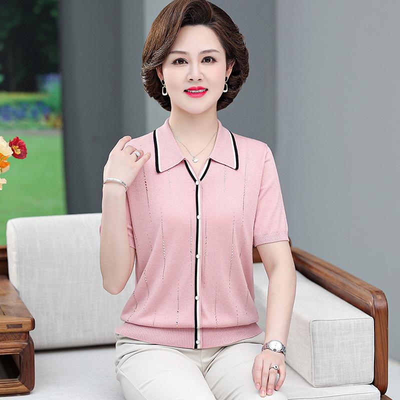 

Elegant Ice Silk Lapel T-shirt for Mother s Day: Short Sleeve, Breathable, Versatile Knit for Middle-Aged & Elderly Women 2XL (110-120 lbs) розовый