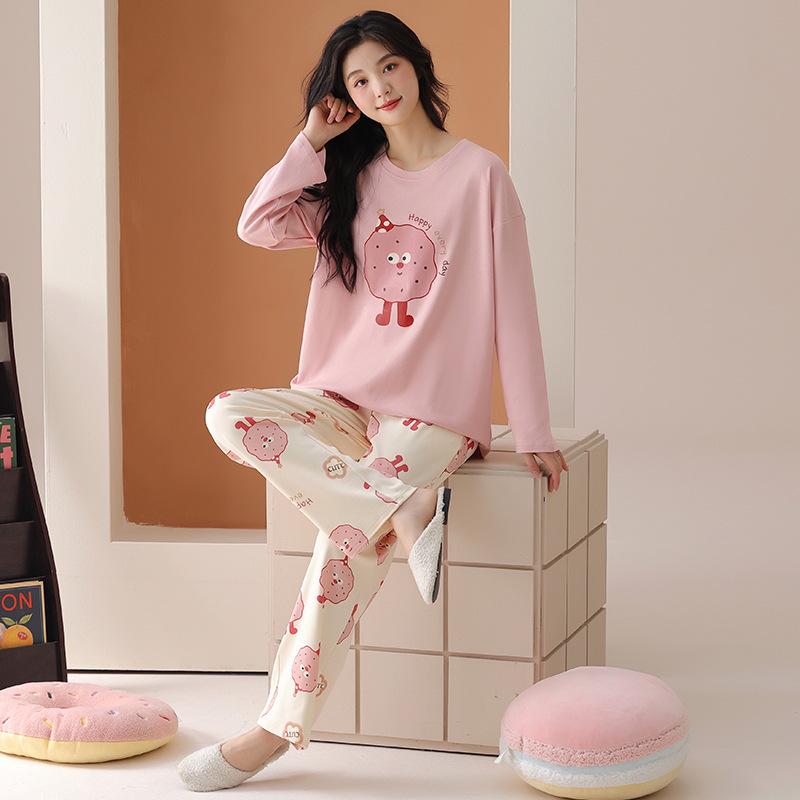 

Women s Cartoon Long-Sleeve Cotton Pajamas - Korean Style, Casual, Loose Fit for Spring & Autumn 2XL