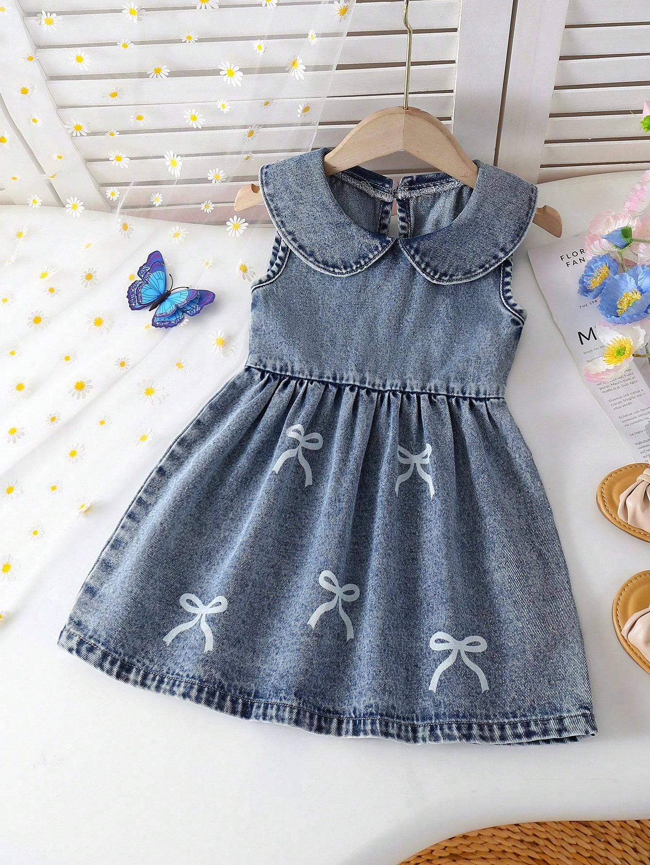Single-piece girls  casual everyday cute simple versatile denim dress with large lapel bow embroidery, sleeveless Peter Pan collar 4Y средний синий