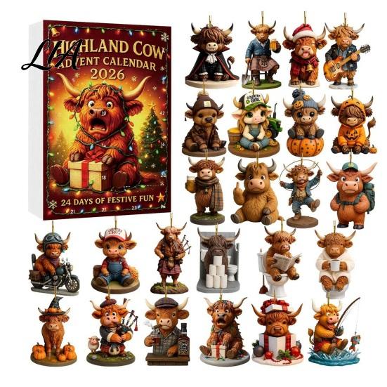 Christmas Tree Hanging Sheets 3D Highland Cow Advent Calendar 2026, Countdown with Cute Holiday Home Decorations Farm Cattle Mini Figurines