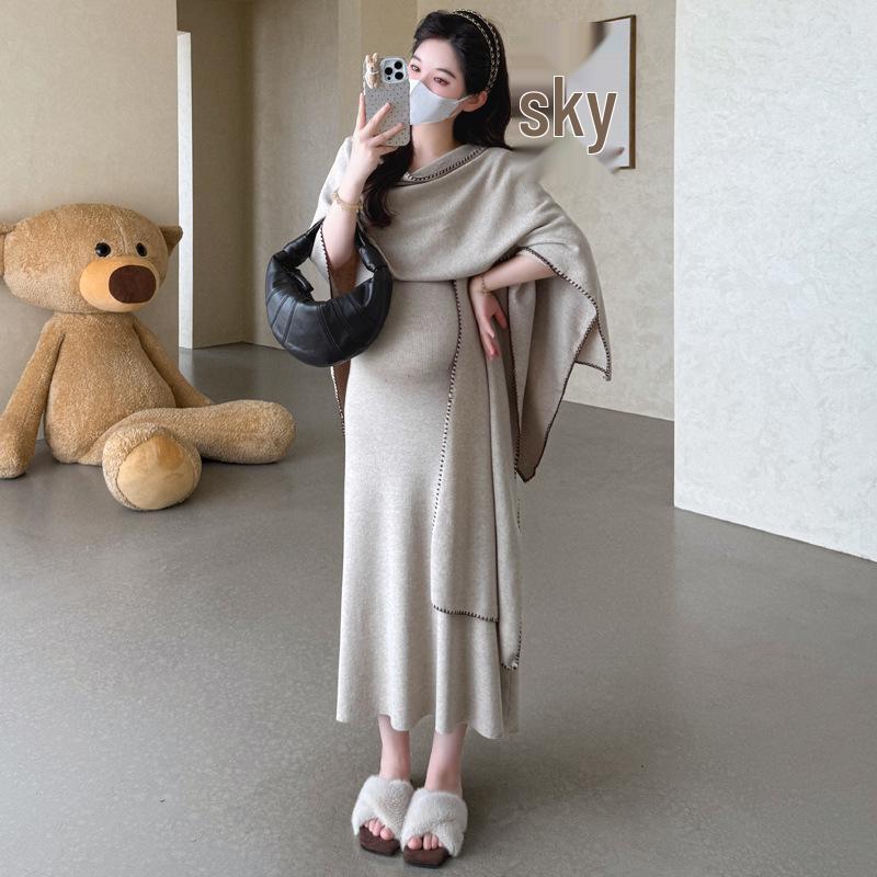Korean Style Maternity Two-Piece Set: Slimming Vest Dress with Shawl 2XL