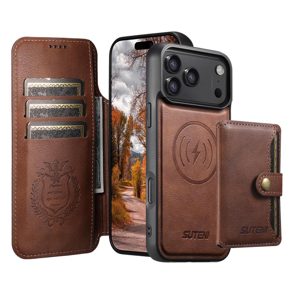 Skórzane etui z klapką iPhone 17PM z przegródką na karty, zapięciem magnetycznym, podstawką do ładowania bezprzewodowego