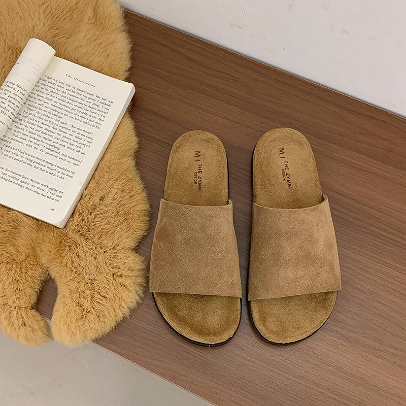 Korean simple matte leather one-word slippers women's 2025 early autumn new versatile comfortable small casual shoes slippers