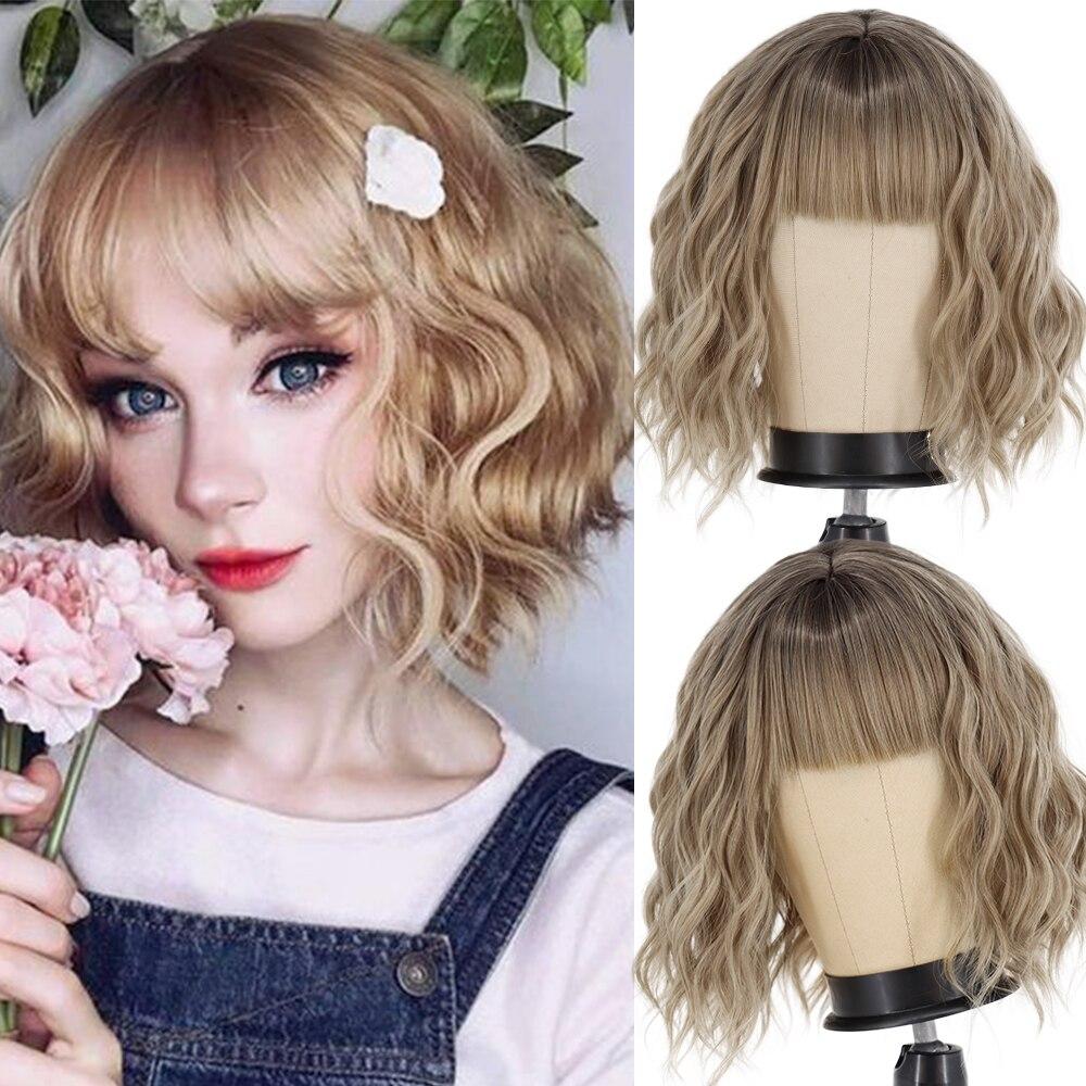 MISS WIG Women Fashion Short Wavy Wig with Bangs Synthetic Fiber Pure White Wavy Wig Cosplay Halloween Party Wear
