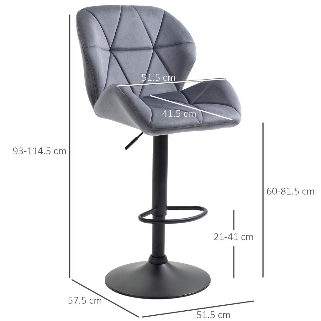 Set of 2 Bar Stools with Adjustable Height Metal Base Velvet Seat, High Swivel Kitchen Stools with Backrest and Footrest, 51.5x57.5x93-114.5cm, Grey