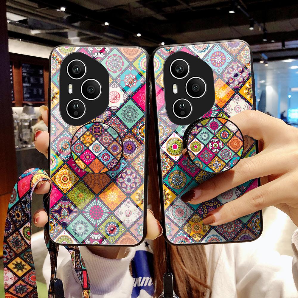 For Honor 400 Pro 5G (Global) Case Kickstand Ethnic Pattern Tempered Glass Phone Cover with Strap