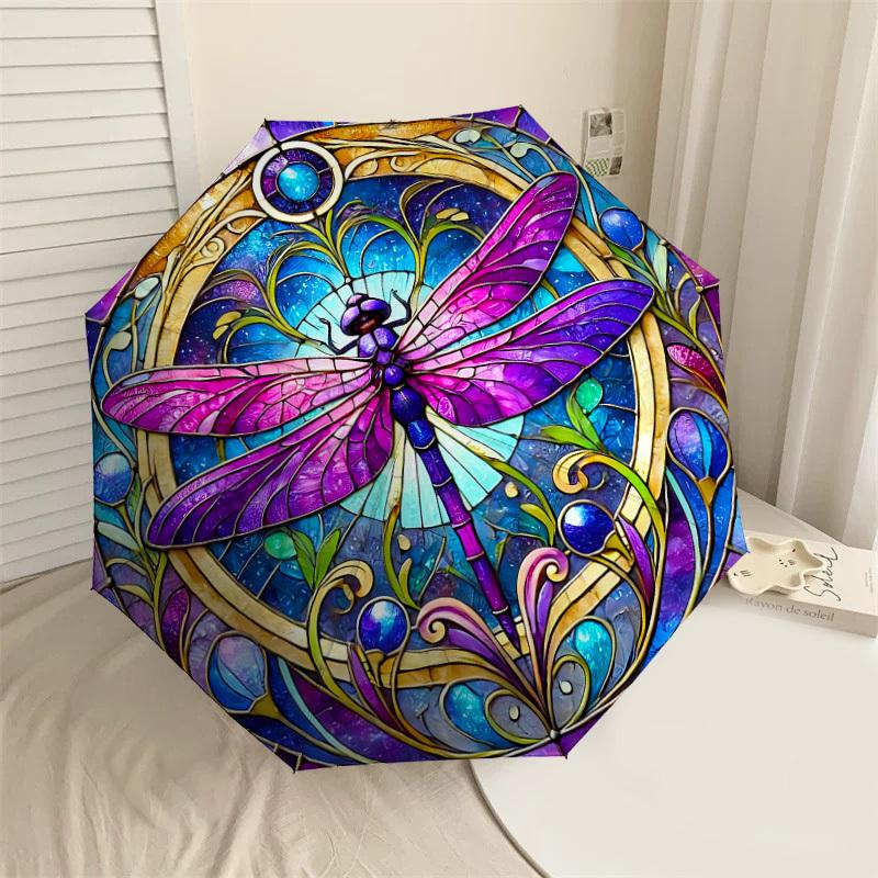 

1PC dragonfly stained glass Automatic Open/Close Umbrella with Windproof, 8-Rib Sturdy Canopy, Durable Ribs, Fashionable Design1398A