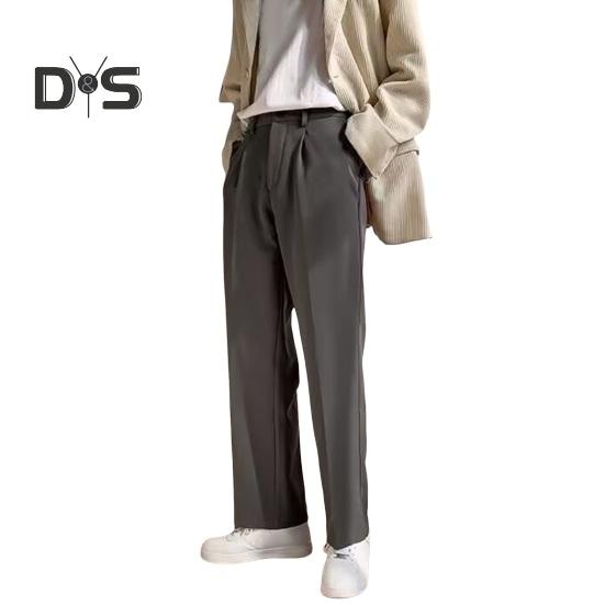 Men Suit Pants Wide Leg Loose Straight Elastic Waistband Formal Business Style Side Pockets Button Zipper Closure Solid Color Office Trousers