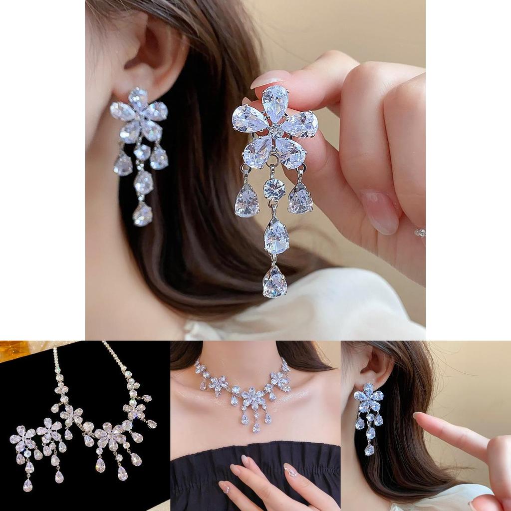 Zircon Flower Water Drop Necklace For Elegant Women With Copper Material And Lockbone Style
