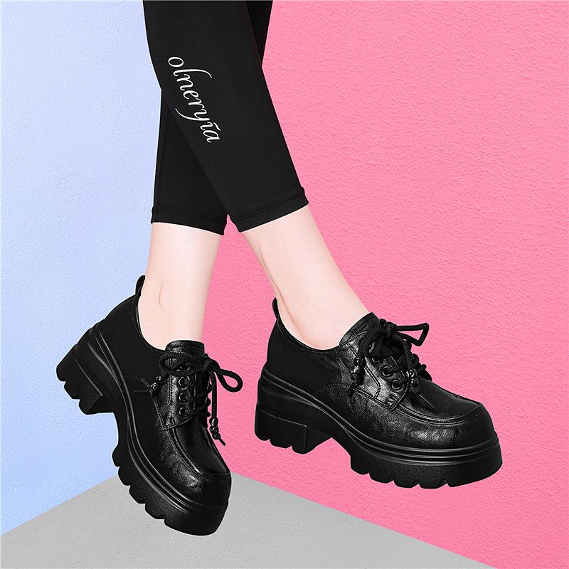 Golden Rabbit 2025 Herfst Dames Leren Ronde Neus Vetersluiting Britse Stijl Loafers