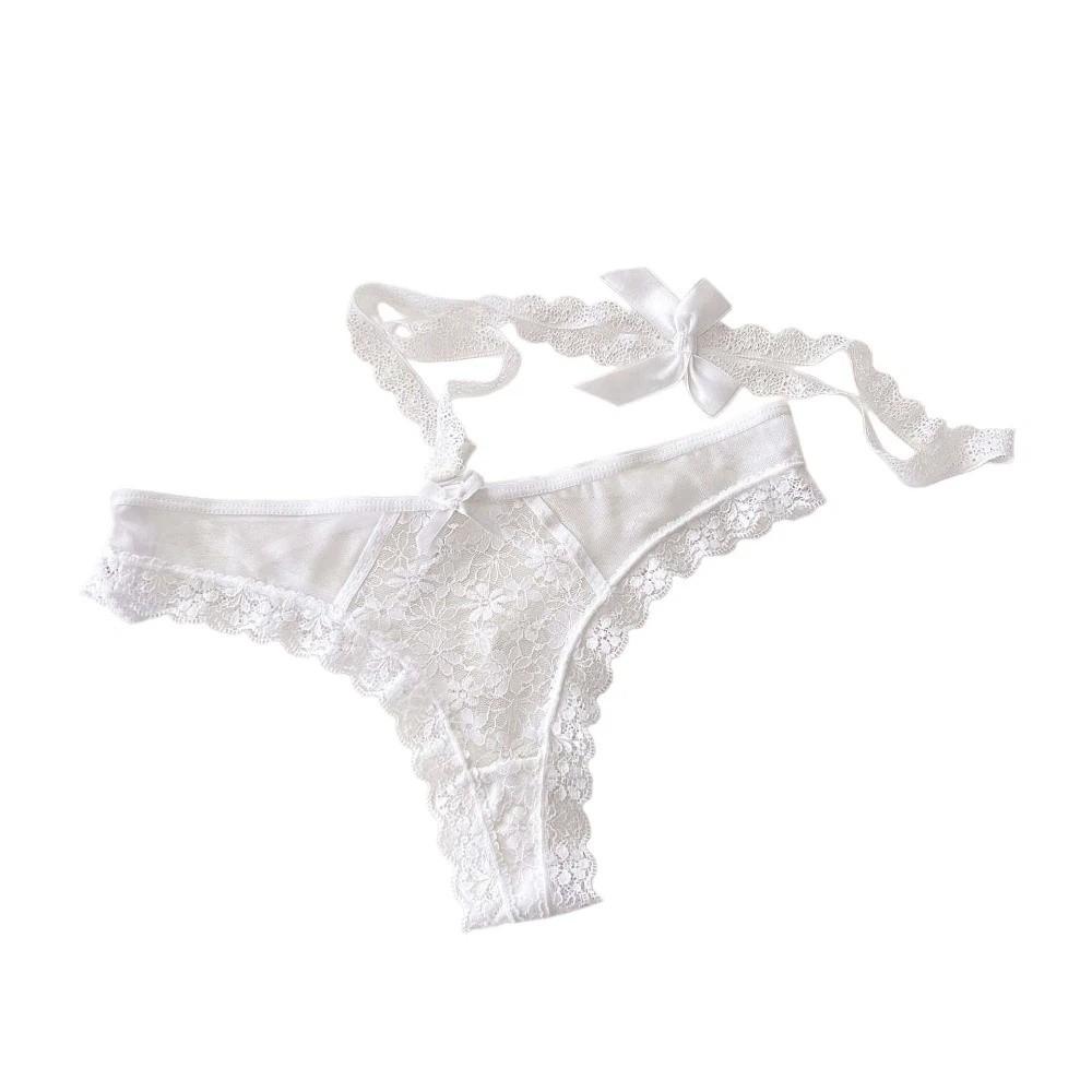 Bow Hanging Neck Chain Mesh Floral Bowknot Panties Underwear for Women  Valentine's Day Gift