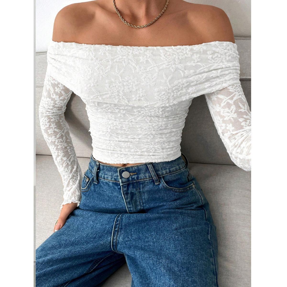New Elegant Women s Solid Lace Off-the-Shoulder Long Sleeve Backless Top Tee XS