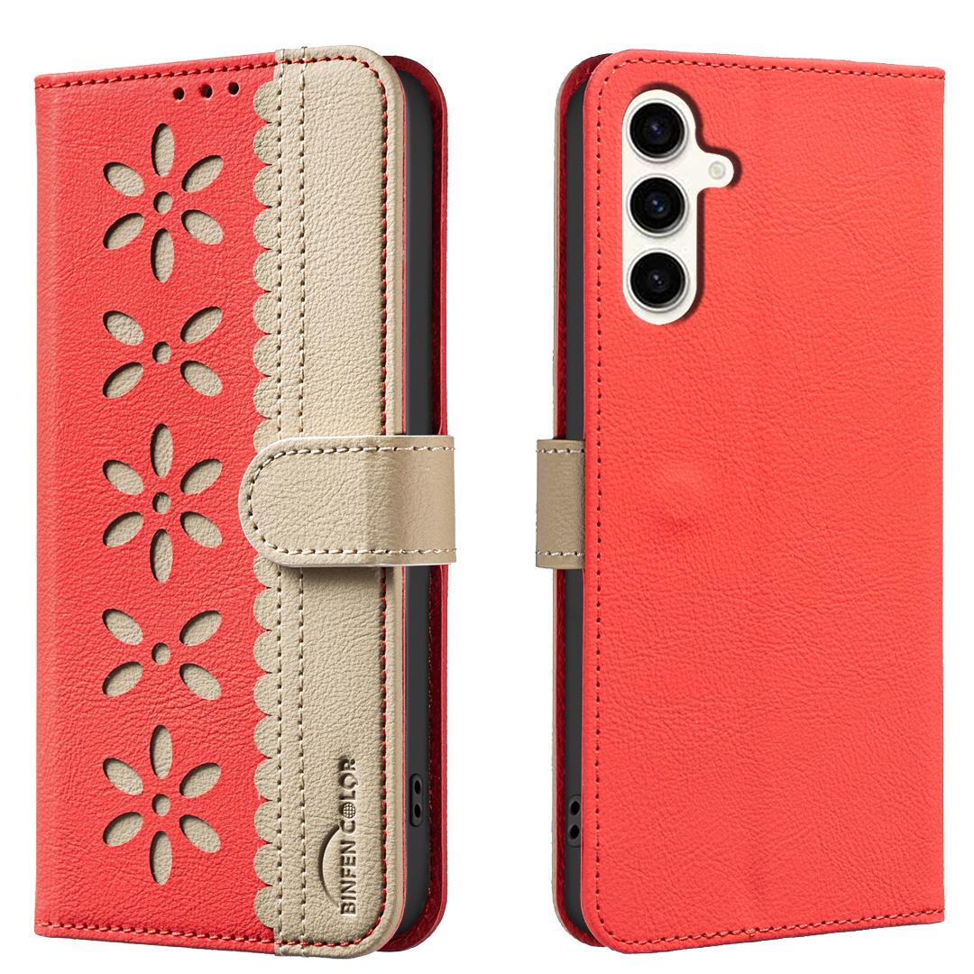 

For Samsung Galaxy S25 FE Leather Case BINFEN COLOR BF36 Floral Pattern Phone Cover RFID Blocking Wallet Stand Red