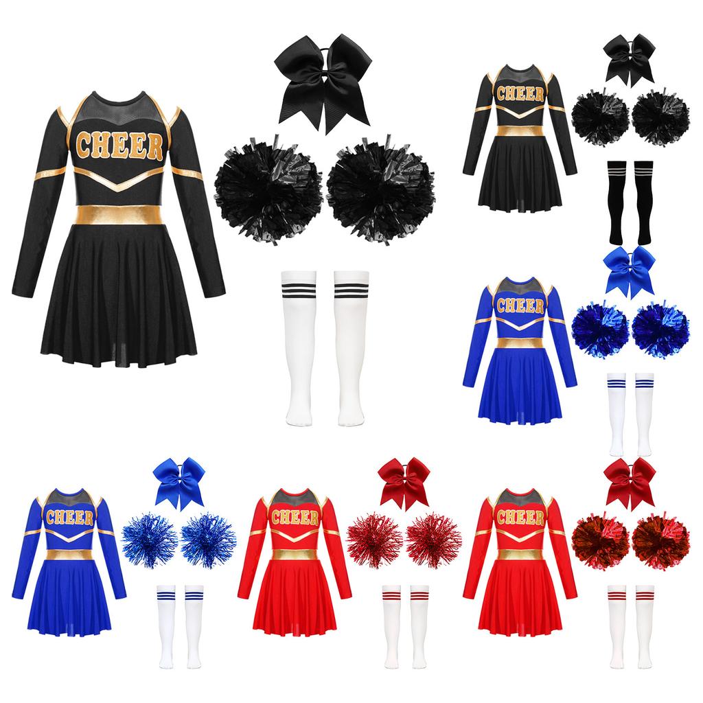 Kids Girls Cheer Leader Costume Halloween Cosplay Party Outfits Uniform Long Sleeve Dress with Pom Poms Hair Tie Socks