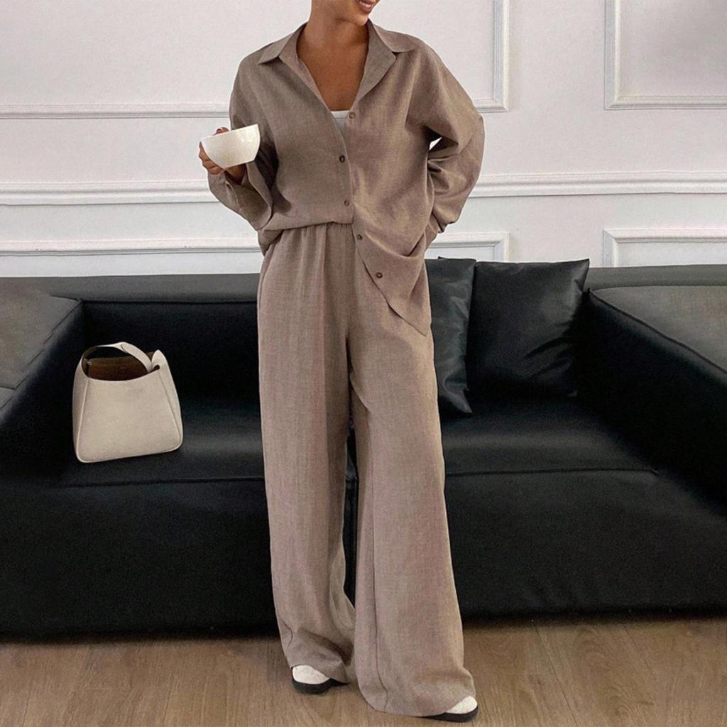 Damen Freizeitanzug Locker Baumwolle und Leinen Langarmhemd Hose Zweiteiliges Set