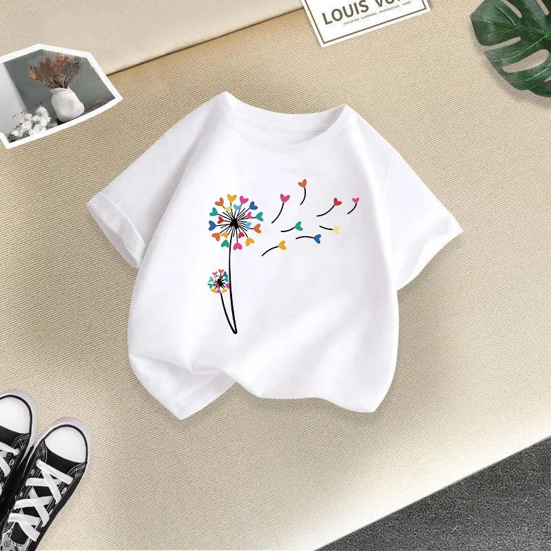 New Girls' Short Sleeved Children's T-shirt Fireworks Printed Versatile Middle and Small Children's Top Summer Fashion