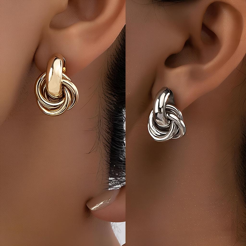 1 par de pendientes de aro con nudo de metal para mujer, pendientes geométricos de color dorado y plateado a la moda, lindas joyas para uso diario