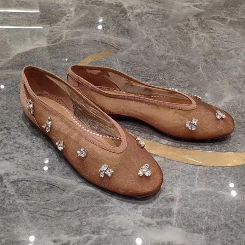

Модные винтажные туфли-лодочки с квадратным носком и стразами, женские, лето 2025, новый нишевый дизайн, нескользящие балетки на плоской подошве 45.5 коричневый