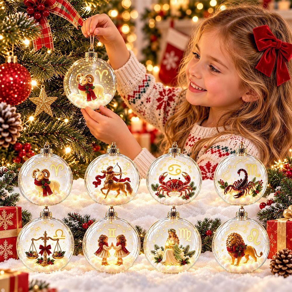 Warm Light Zodiac Ball Ornament Clear Round Shape Lighted Christmas Ornament Christmas Tree Decor