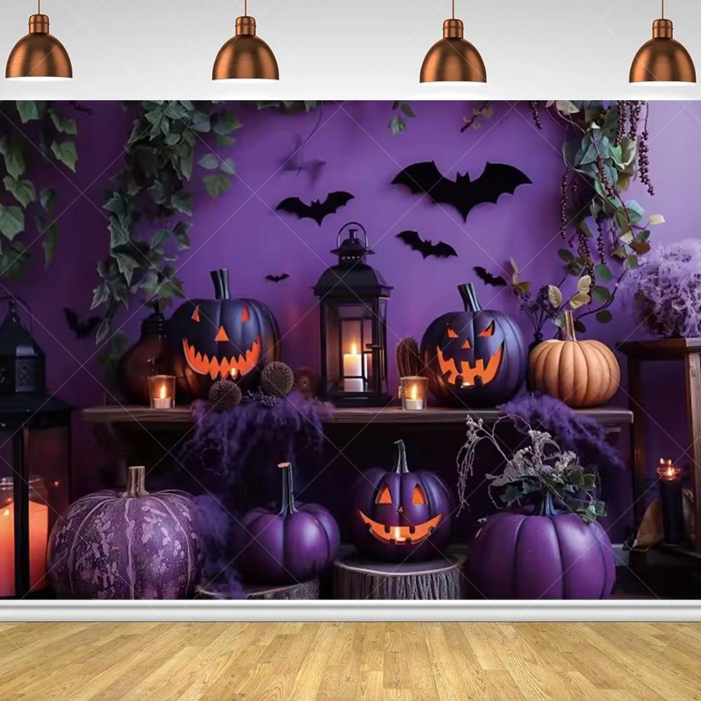 Halloween Horror Night Party Family Gathering Pumpkin Lantern Evil Witch Black Castle Cemetery Forest Background Cloth backdrop
