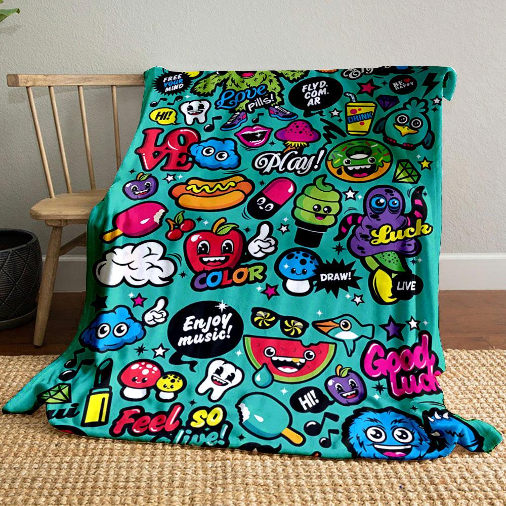 Colorful Cartoon-style Doodles and Text with Playful and Lively Designs. for All Seasons Blanket Lunch Break Throw Gift