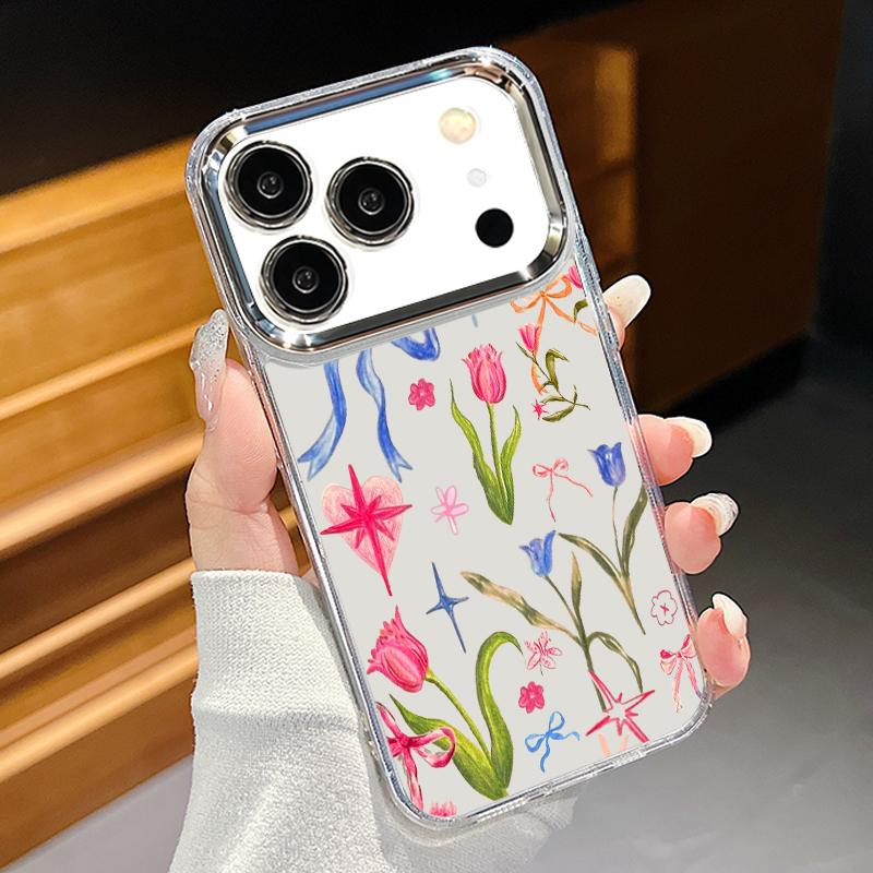Little Floral Pattern Case For iPhone 17 Pro Max iPhone 16 15 14 13 Pro Max 11 17e 16e Plating Lens Frame Clear Soft Silicone Back Cover