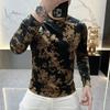Mens Velvet Long Sleeve T-Shirt Vintage Jacquard Crew Neck Slim Fit Base Top Trendy