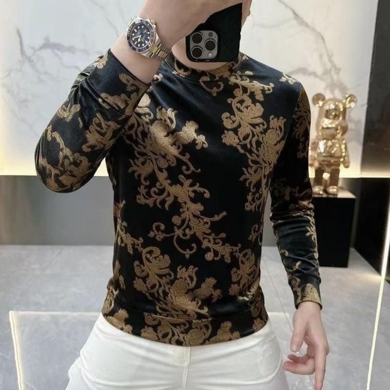 Mens Velvet Long Sleeve T-Shirt Vintage Jacquard Crew Neck Slim Fit Base Top Trendy