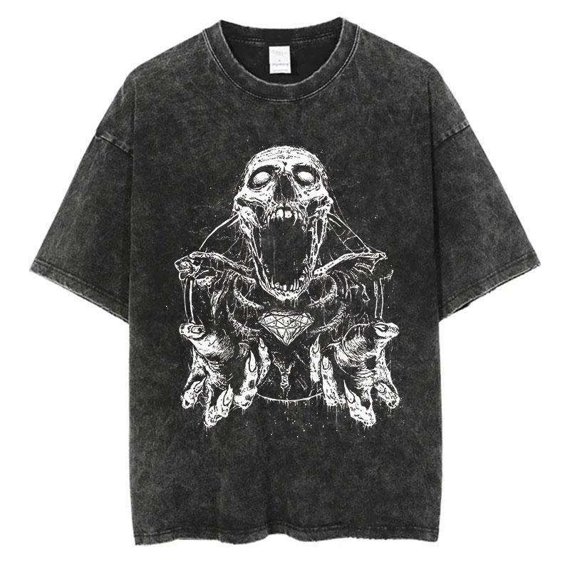Men Fashion Washed T Shirt Streetwear Graphic Print Harajuku Hip Hop T-Shirt Summer Black Short Sleeve Cotton Loose Tops Tees