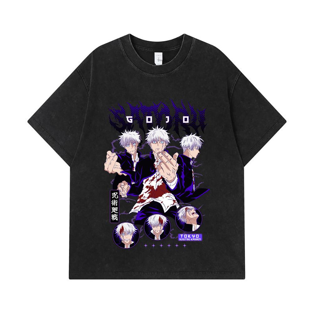 275 GSM Washed T-shirts 100% Cotton Jujutsu Kaisen V6 Gojo Print Unisex Heavy Cotton T Shirt