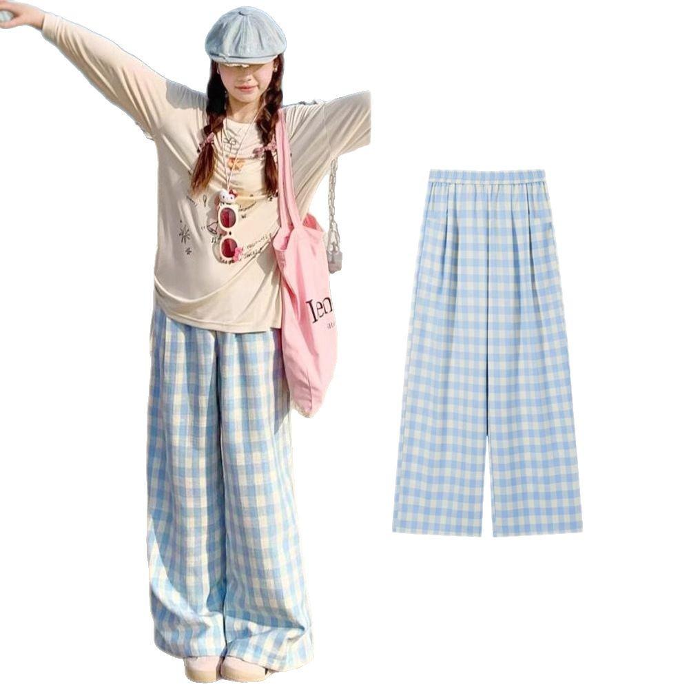 Women's Blue Plaid High-Waisted Loose-Fit Yamamoto Pants - Petite, Casual Wide-Leg, Spring/Autumn 2025 Collection.