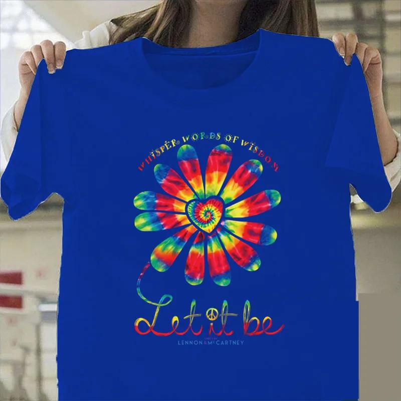 Let It Be Renkli Ayçiçeği Baskılı Tişört Kadın Kısa Kollu O Yaka Bol Tişört Kadın Günlük Tişört Üstler Camisetas Mujer