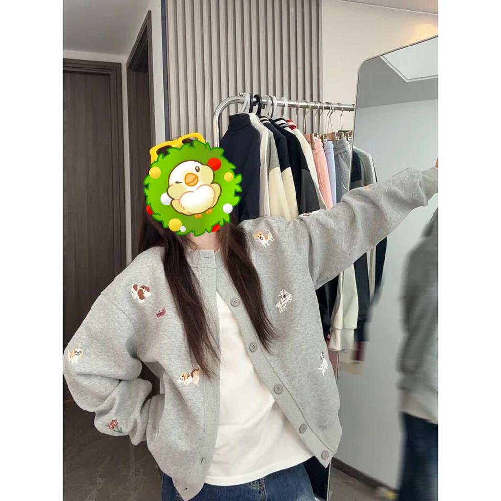 2025 Korean Style Women's Puppy Embroidery Cardigan: Spring/Autumn Loose Round Neck Sweatshirt
