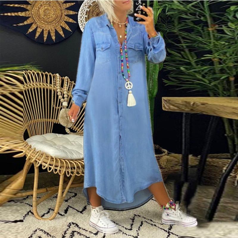 JPNTKY Fashion Autumn Winter POLO Neck Long Sleeve Solid Color Print Casual Dresses S