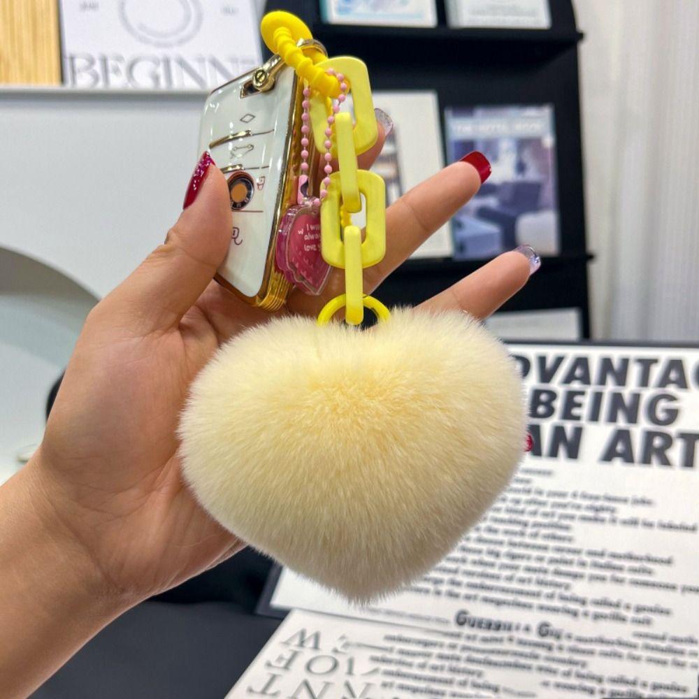 7cm Natural Fur Heart Ball Charm Keychain Women Girl Creative Soft Bag Pendant Cute Plush Toys Keychain Valentines Day Gifts
