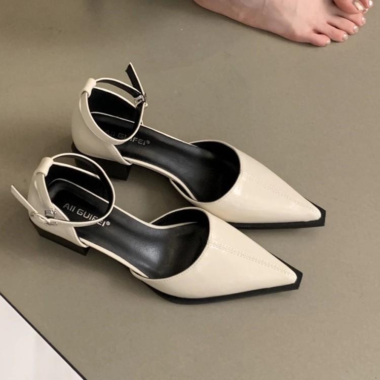 One-word buckle strap high heels spring and summer new French girl with skirt pointed temperament hollow thick heel single shoes