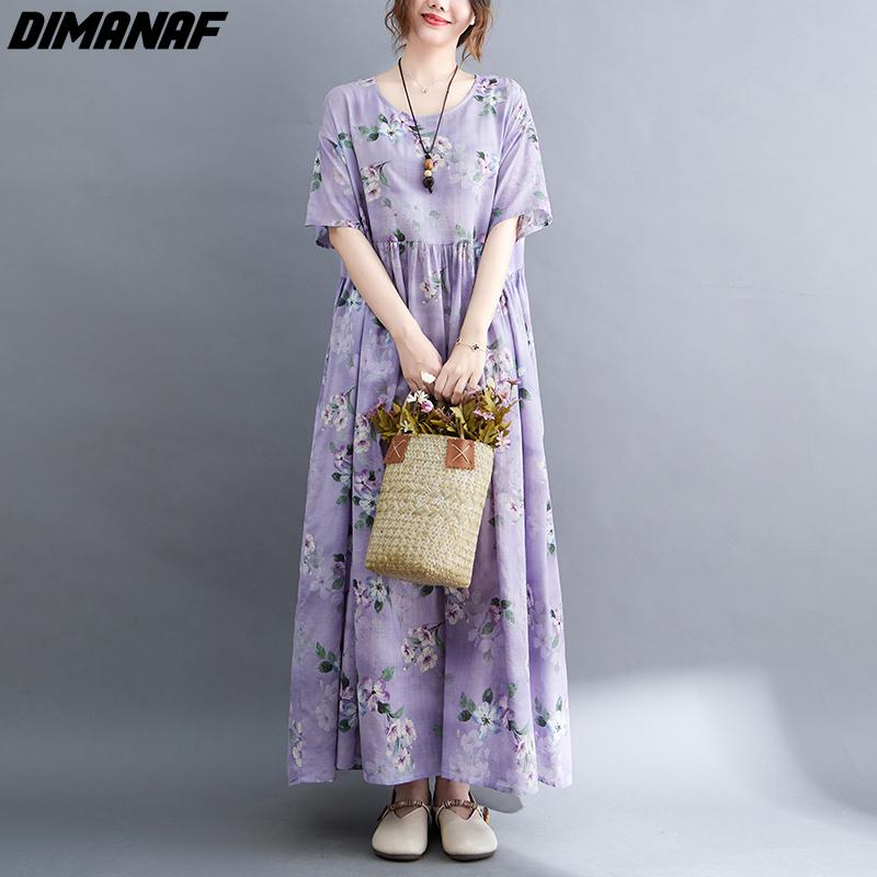 DIMANAF Plus Size Linen Summer Dress Beach Sundress  Floral Casual Purple Women Clothing