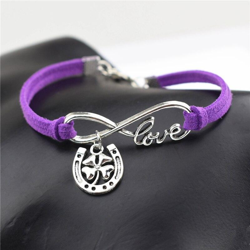 

Кожаный браслет «Бесконечная любовь» с лошадью и подковой для женщин и мужчин, копыта, счастливый подарок, браслеты с подвесками в виде четырехлистного клевера фиолетовый