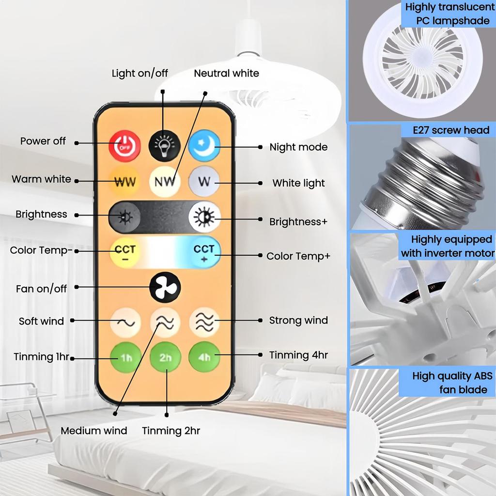 Modern Ceiling Fan with Remote Control Lighting Lamp E27 Converter Base for Bedroom and Living Room Smart ceiling fan lamp