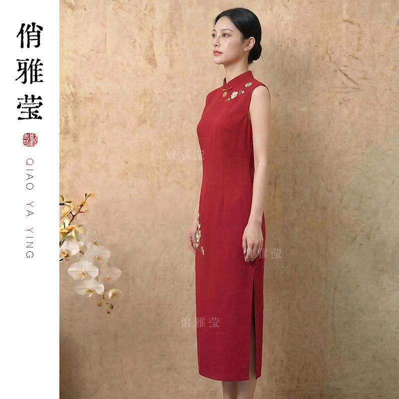 [Red Luan Embroidery] Festive red embroidery heavy industry dress new Chinese style buckle national style women's dress cheongsam